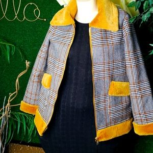 Plaid Jacket with Faux Fur Trim